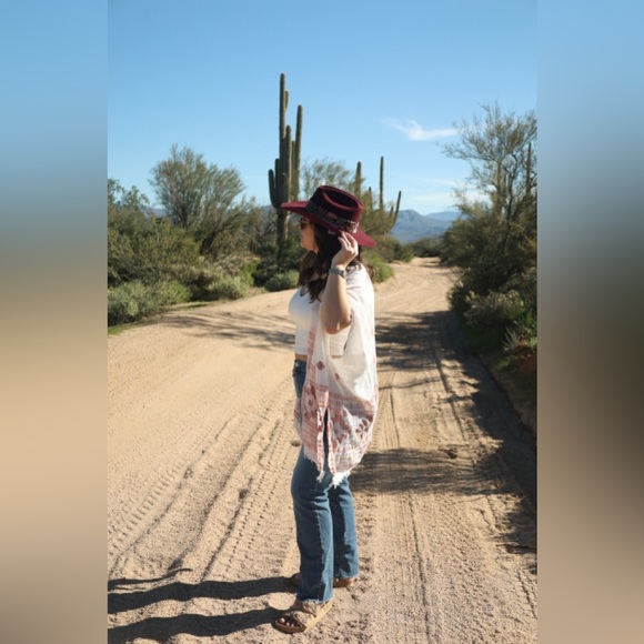 Burgundy Wool Cowboy Hat – Western Felt Hat with Embroidered Cactus Band - Picture 5 of 5